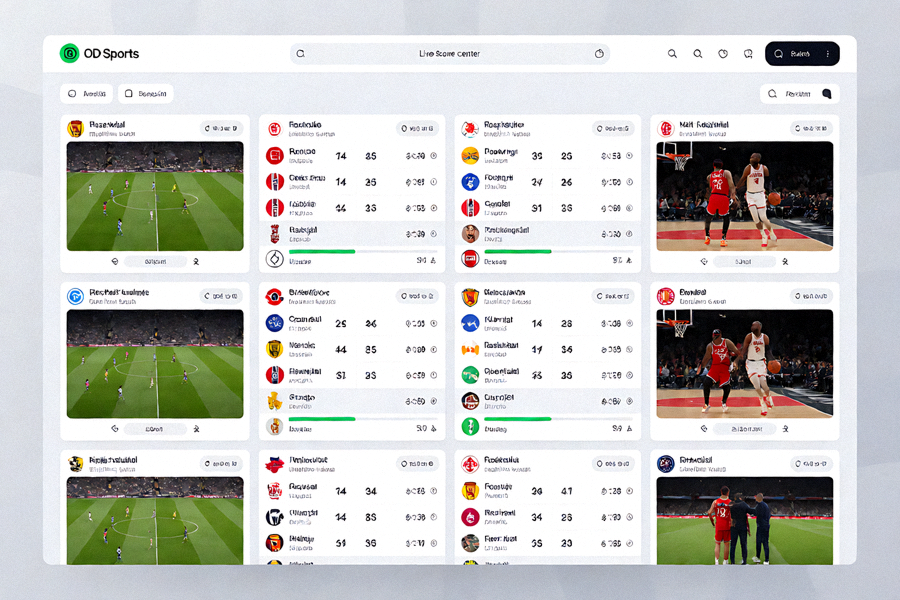 OD体育实时比分中心页面视觉，展示多场足球与篮球赛事的实时比分和比赛进程